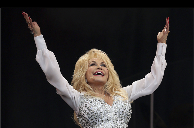 Parton performs on the Pyramid Stage at Worthy Farm in Somerset, during the Glastonbury Festival