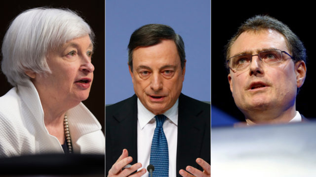 Auf der Anklagebank: Die Notenbankchefs Janet Yellen (USA), Mario Draghi (EU) und Thomas Jordan (CH). (Reuters/Keystone)