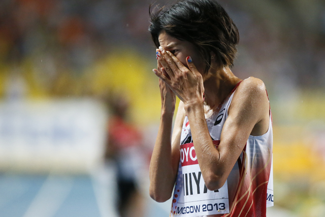 Niiya of Japan reacts after the women's 10,000 metres final during the IAAF World Athletics Championships at the Luzhniki stadium in Moscow