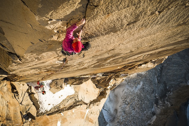 Mayan Smith-Gobat climbing pitch 31 (7c+)in the route riders on the storm, Torres del Paine