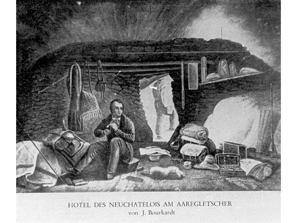 Das «Hôtel des Neuchâtelois» auf dem Unteraargletscher: Agassiz und seine Kollegen forschten hier in den 1840ern. Ihre Arbeit erregte die Neugier eines internationalen Publikums, Touristen kamen auf die Grimsel. 