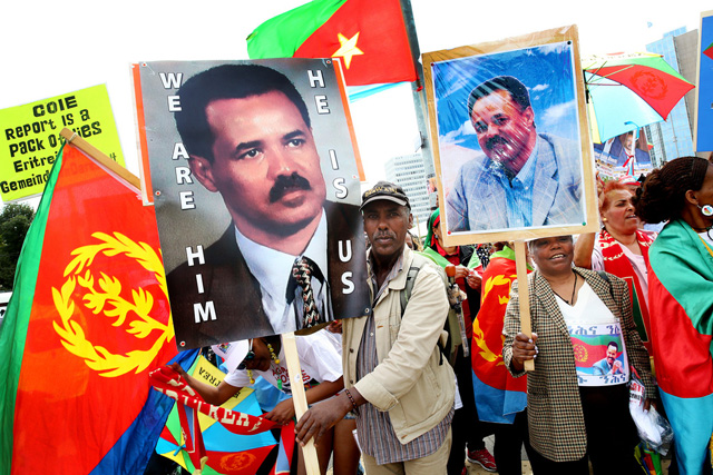 Eritreans and friends of Eritrea in Europe, outraged by the recent unwarranted attack on the state, people and government of Eritrea by the UN Human Rights Council (HRC) Commission of Inquiry (COI) and Special Rapporteur Report on the Human Rights situation in Eritrea, are holding a mass protest rally on the "Place des Nations" in front of the European headquarters of the United Nations, in Geneva, Switzerland on Monday 22 June, 2015 to protest the deceitful representation of the Human Rights situation. (KEYSTONE/Magali Girardin)