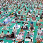 Indian Yoga Guru, Baba Ramdev teaches Yoga during a free Yoga camp in Gwalior.
