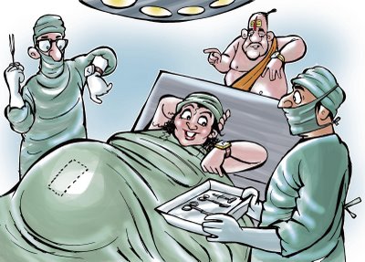 Die kaiserschnittfreudigen Urnerinnen scheren sich keinen Deut um die Mystifizierung der Geburt - Karikatur von Satish Acharya. 