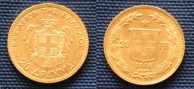 Griechische und schweizerische Münze aus der der Zeit der Lateinischen Münzunion. (Foto: Wikipedia)