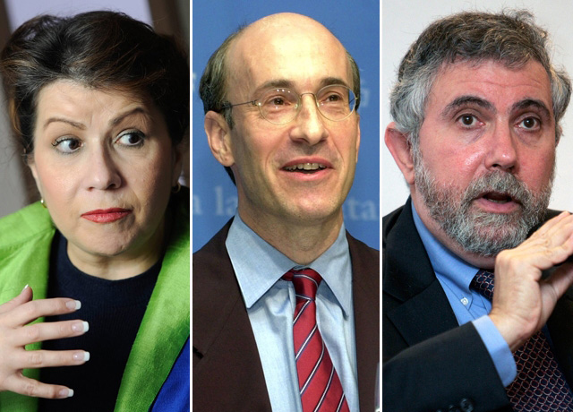 Die Ökonomen im Clinch (v.l.n.r.): Carmen Reinhart, Kenneth Rogoff, Paul Krugman. Quelle: Keystone