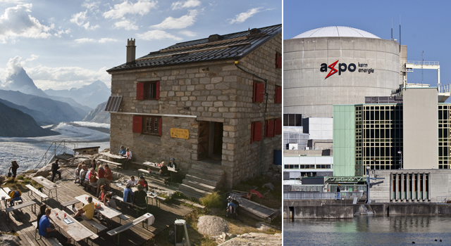 Bergwanderung und Kernenergie: Geht das zusammen? SAC-Hütte oberhalb Zermatt und Atomkraftwerk in Beznau.