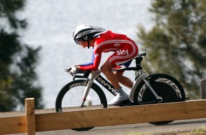 Emma Pooley of Great Britain rides down a small hill during the women's elite time trial of the 2010 World Road Cycling Championships in Geelong, Australia, Wednesday, Sept. 29, 2010. Pooley won the women's time trial on Wednesday's opening day beating German veteran Judith Arndt by more than 15 seconds. (AP Photo/Rob Griffith)