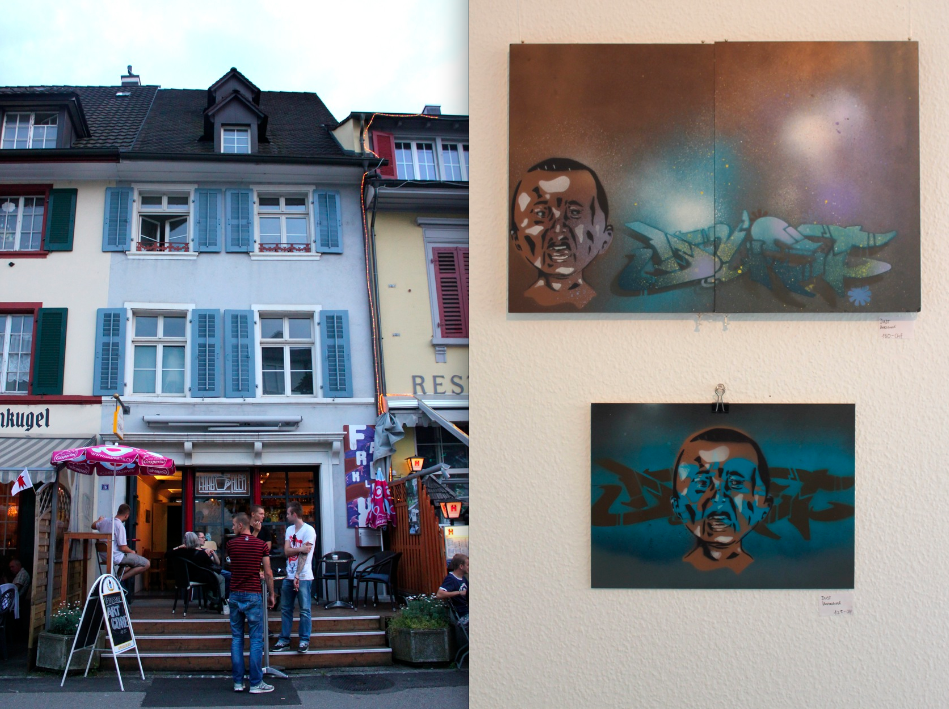 Graffiti-Gastronomie: Im Kaffe Farbklex Liestal (l.) gibts bis Ende August Bilder von Dust (r.), KordOne und Florian La Castellane zu sehen.