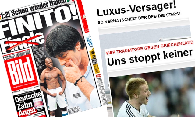 Nach dem Aus der deutschen Elf ging eine üble Kampagne los: Zeitungsausschnitte nach der Niederlage gegen Italien.