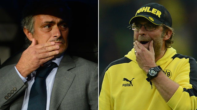 Eine Seifenoper, zwei Rollen: Real-Regisseur Mourinho (l.) und Dortmund-Kumpel Klopp. (Bilder: AFP)