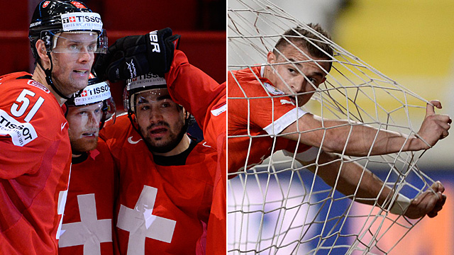 Schweizer Nationalspieler in zwei Welten: Die bisher ungeschlagenen Eishockeyaner an der WM in Stockholm (l.) und der Fussballer Shaqiri in der WM-Qualifikation auf Zypern. (Bilder: AFP/Keystone)