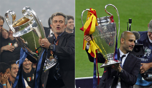 José Mourinho (l.) mit dem Champions-League-Pokal, den er mit Inter gewonnen hat. Pep Guardiola mit dem CL-Pokal, den er mit Barcelona gewonnen hat. (Fotos: Reuters)