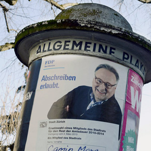 Ein Wahlplakat des FDP-Politikers Marco Camin in Zürich.