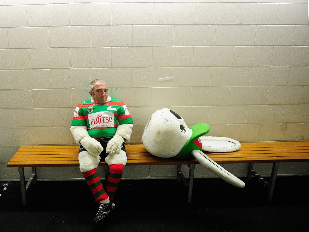 TOWNSVILLE, AUSTRALIA - AUGUST 13:  Rabbitohs mascot Charlie Gallico waits for his team to come out the dressing rooms at half time during the round 23 NRL match between the North Queensland Cowboys and the South Sydney Rabbitohs at 1300SMILES Stadium on August 13, 2015 in Townsville, Australia.  (Photo by Ian Hitchcock/Getty Images) *** BESTPIX ***