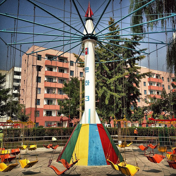 A park swing made to look like the North Korean Unha-3 rocket, stands in a park in Pyongyang. The North Koreans successfully launched their Unha-3 rocket in 2012. (AP Photo/David Guttenfelder)