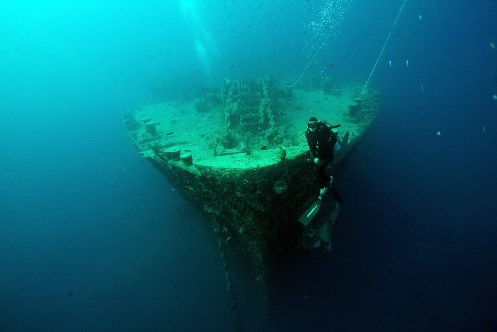 SHARM ASH SHAYKH, EGYPT - JULY 10: A view of the SS Thistlegorm's bow at the bottom of the Red Sea. The Thistlegorm, a British Merchant Navy ship, was sunk, en route to Egypt, by German bombers during World War II. A diving exhibition visited the site on July 10, 2015 in Sharm ash Shaykh, Egypt. (Photo by Dave J Hogan/Getty Images)