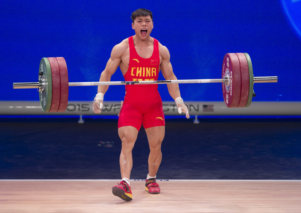 Nov 22, 2015; Houston, TX, USA; Lijun Chen, from China, takes the silver medal in the snatch portion of the men's 62kg group of the International Weightlifting Federation World Championships at George R. Brown Convention Center. Mandatory Credit: Jerome Miron-USA TODAY Sports