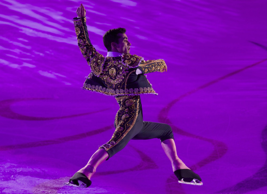 Javier Fernandez, of Spain, performs during exhibition gala after the Cup of Russia ISU Grand Prix figure skating event in Moscow, Russia, Sunday, Nov. 22, 2015. (AP Photo/Ivan Sekretarev)