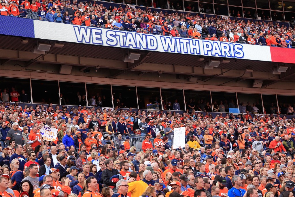 DENVER, CO - NOVEMBER 15: A moment of silence is observed in honor of the victims of the recent terrorist attacks in Paris prior to the game between the Kansas City Chiefs and the Denver Broncos at Sports Authority Field at Mile High on November 15, 2015 in Denver, Colorado. The Chiefs defeated the Broncos 29-13. (Photo by Doug Pensinger/Getty Images)
