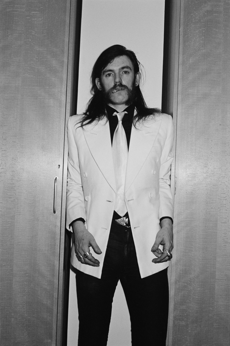 LONDON - FEBRUARY 01: singer and bassist Lemmy Kilmister from Motorhead posed backstage at Top Of The Pops TV Studios in London in February 1981. (Photo by Fin Costello/Redferns)