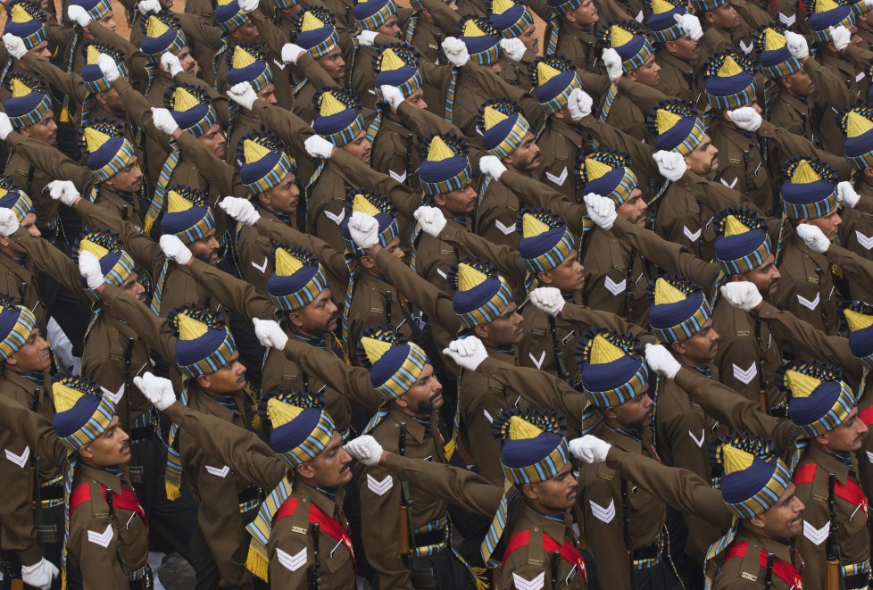 Indian security forces march during the Republic Day parade in New Delhi, India, Tuesday, Jan. 26, 2016. French President Francois Hollande Tuesday joined Indian Prime Minister Narendra Modi and other top officials to view an elaborate display of Indian marching bands and military hardware as the guest of honor at Indias Republic Day celebration. (AP Photo/ Bernat Armangue)