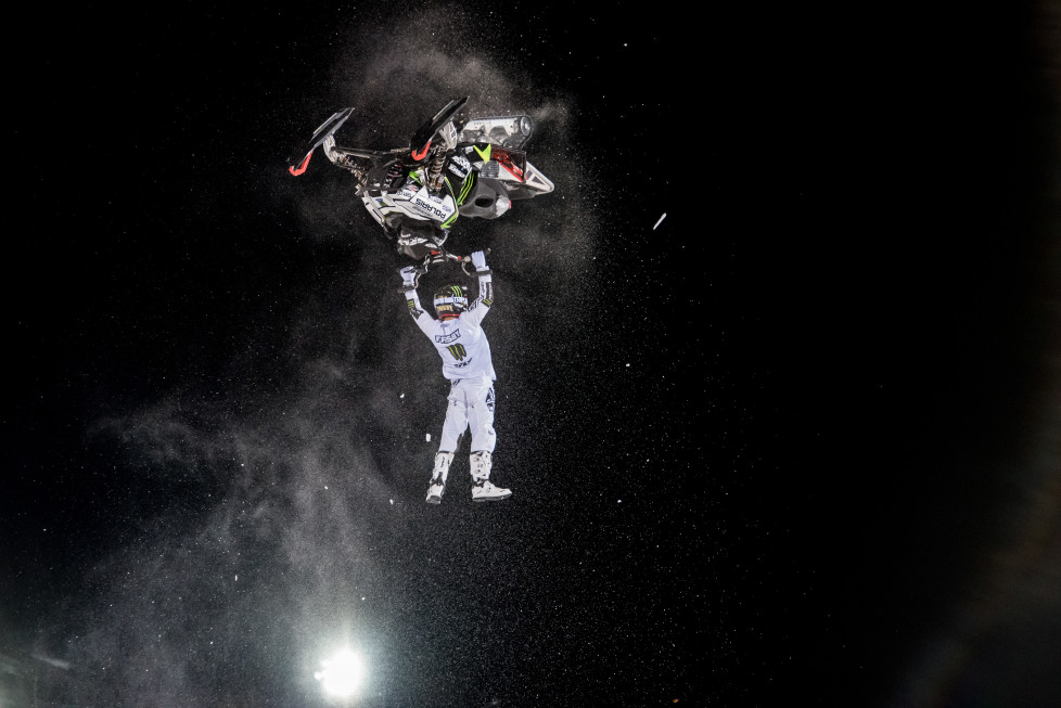 ASPEN, CO - JANUARY 29: Heath Frisby races during the snowmobile freestyle final at the Winter X Games 2016 Aspen at Buttermilk Mountain on January 29, 2016, in Aspen, Colorado. Frisby took home the silver medal in the event. (Photo by Chris Council/Getty Images)