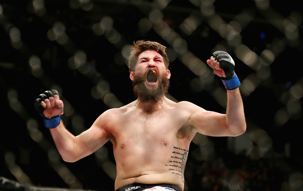 NEWARK, NJ - JANUARY 30: Bryan Barberena of the United States celebrates his second round submission by arm triangle over Sage Northcutt of the United States in their welterweight bout during the UFC Fight Night event at the Prudential Center on January 30, 2016 in Newark, New Jersey. (Photo by Elsa/Getty Images)