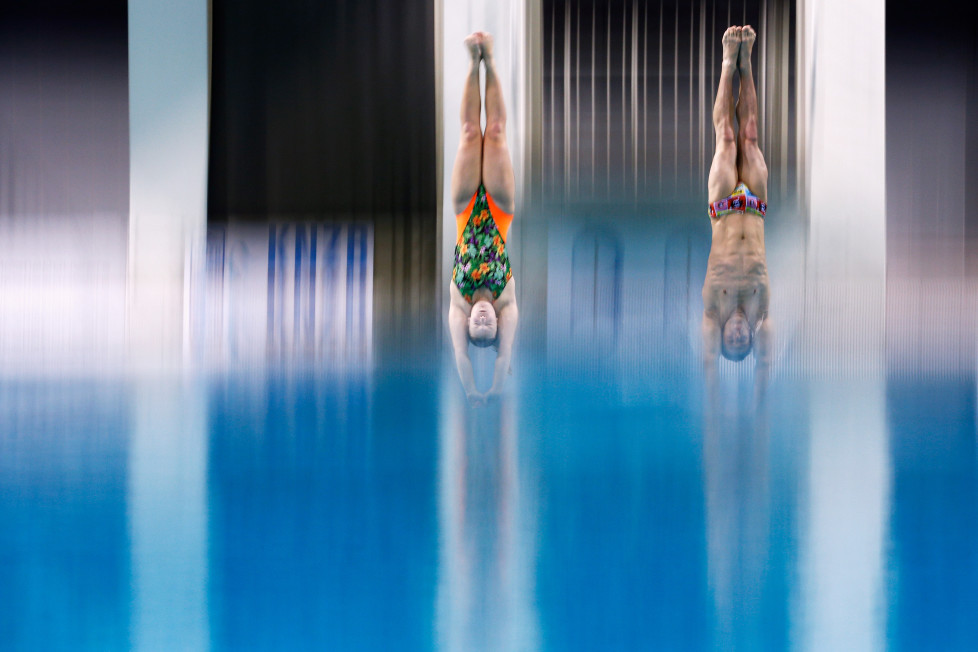 EINDHOVEN, NETHERLANDS - FEBRUARY 07: Silke Kerkhofs and Bjorn Claes of Belgium compete in the Synchro Mixed Platform Final during the Senet Diving Cup held at Pieter van den Hoogenband Swimming Stadium on February 7, 2016 in Eindhoven, Netherlands. (Photo by Dean Mouhtaropoulos/Getty Images)
