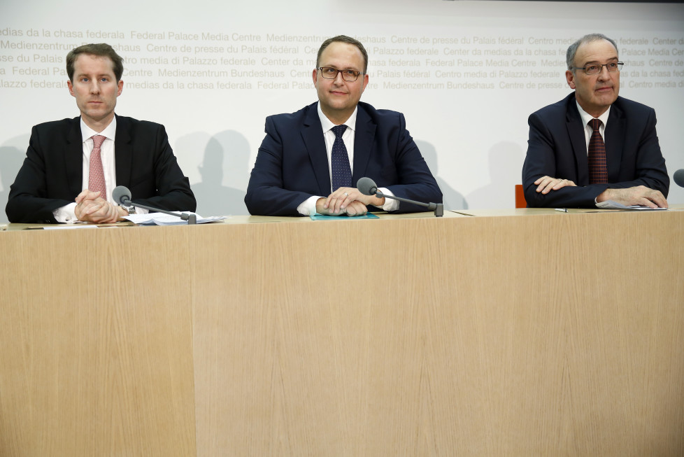 Swiss People's Party (SVP) ministerial candidates Thomas Aeschi (L-R), Norman Gobbi and Guy Parmelin attend a news conference in Bern, Switzerland November 20, 2015. REUTERS/Ruben Sprich