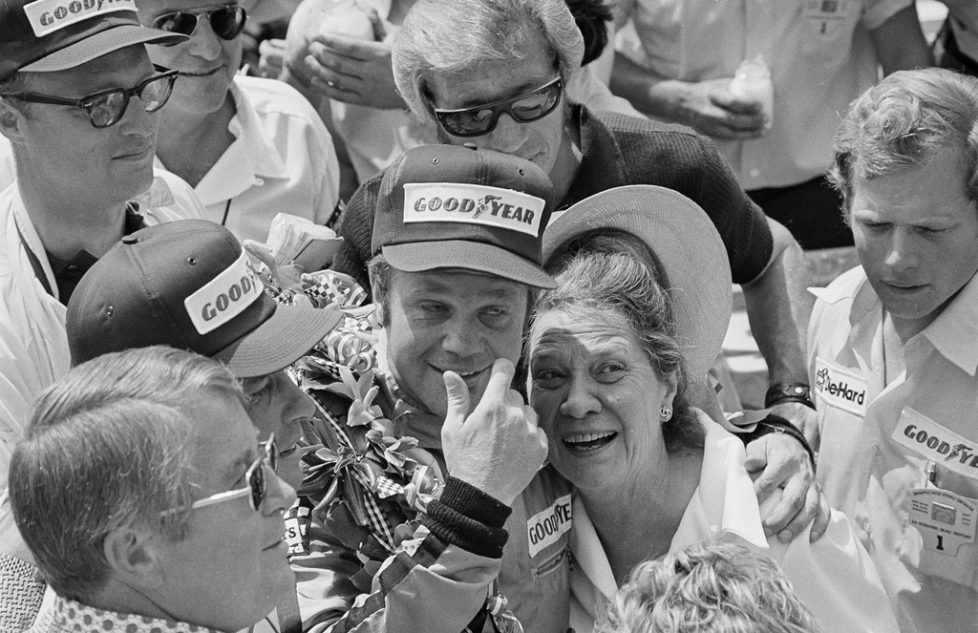 FILE - In this May 27, 1972 file photo, Mark Donohue hugs his mother, Zilly, after he won the Indianapolis 500 auto race at Indianapolis Motor Speedway in Indianapolis, Ind. (AP Photo/File)