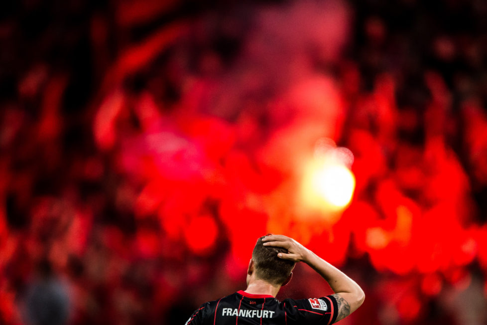 FRANKFURT AM MAIN, GERMANY - MAY 19: Bastian Oczipka of Frankfurt reacts during the Bundesliga Playoff Leg 1 match between Eintracht Frankfurt and 1. FC Nuernberg at Commerzbank-Arena on May 19, 2016 in Frankfurt am Main, Germany. (Photo by Simon Hofmann/Bundesliga/DFL via Getty Images )