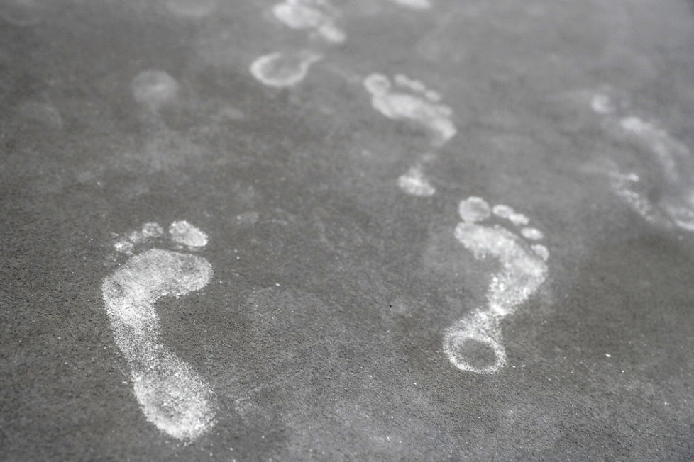 Magnesia foot prints seen on the floor during the Men's Team Final at the European Men's and Women's Artistic Gymnastics Championships at the Postfinance Arena in Bern, Switzerland, Saturday, May 28, 2016. (KEYSTONE/Peter Klaunzer).