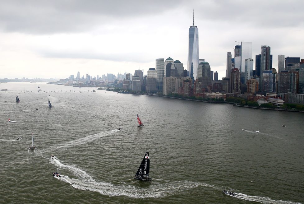 NEW YORK, NY - MAY 07: SoftBank Team Japan and the rest of the field sail the course during Day 1 of the Louis Vuitton America's Cup World Series Racing in the Hudson River on May 7, 2016 in New York City. (Photo by Elsa/Getty Images)