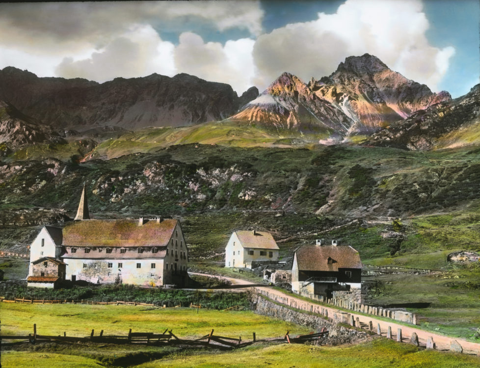 AUSTRIA - CIRCA 1910: The hospice in St. Christoph. Arlberg. Tyrol. Austria. Hand-colored lantern slide around 1910. (Photo by Imagno/Getty Images)