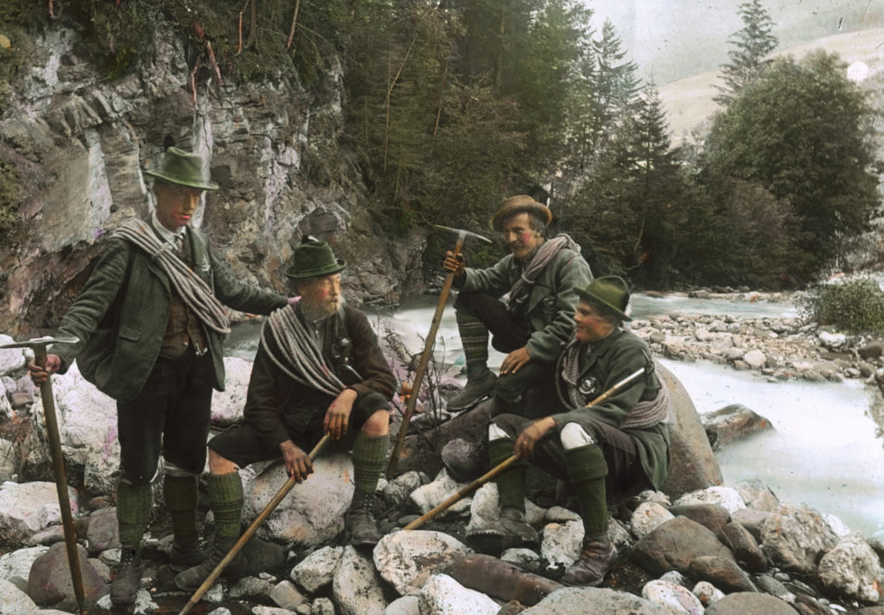 AUSTRIA - CIRCA 1910: Mountain Guides in Tyrol. Handcolored lantnern slide around 1910. (Photo by Imagno/Getty Images)
