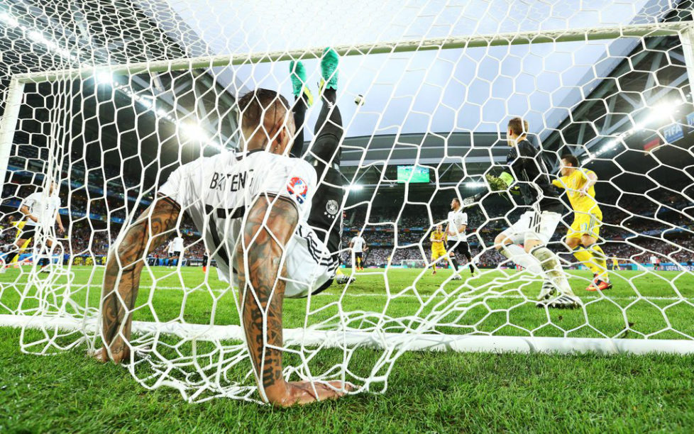 epa05360197 German defender Jerome Boateng clears the ball from the line during the UEFA EURO 2016 group C preliminary round match between Germany and Ukraine at Stade Pierre Mauroy in Lille Metropole, France, 12 June 2016.....(RESTRICTIONS APPLY: For editorial news reporting purposes only. Not used for commercial or marketing purposes without prior written approval of UEFA. Images must appear as still images and must not emulate match action video footage. Photographs published in online publications (whether via the Internet or otherwise) shall have an interval of at least 20 seconds between the posting.) EPA/SHAWN THEW EDITORIAL USE ONLY