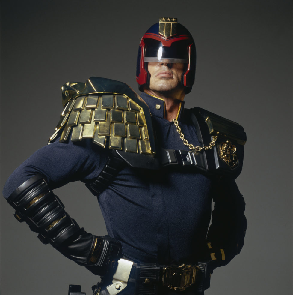 American actor Sylvester Stallone in costume for the title role in 'Judge Dredd', directed by Danny Cannon, September 1994. Stallone's character is a morally dubious police officer operating in a future dystopia. (Photo by Terry O'Neill/Hulton Archive/Getty Images)
