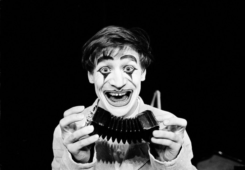 Dimitri, the clown and mime from Ascona, Switzerland, rehearses at the Theatre des Vieux Colombiers in Paris, France, where he will be appearing for six weeks, May 27, 1964. Dimitri Jakob Muller, born in 1935, began work as a musician in the circus under the direction of Maisse, as the partner of the famous Greek. (AP Photo/Michel Lipchitz)