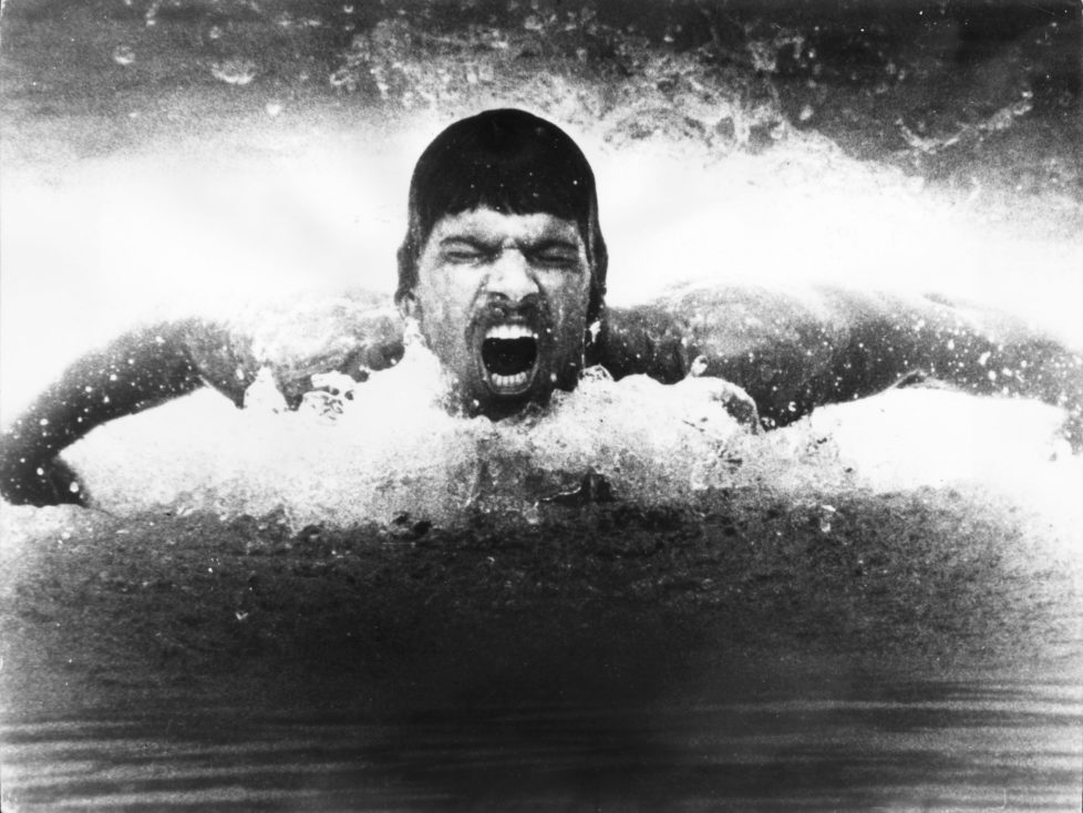 Olympic swimming gold medal winner Mark Spitz in action during a training session. (Photo by Keystone/Getty Images)