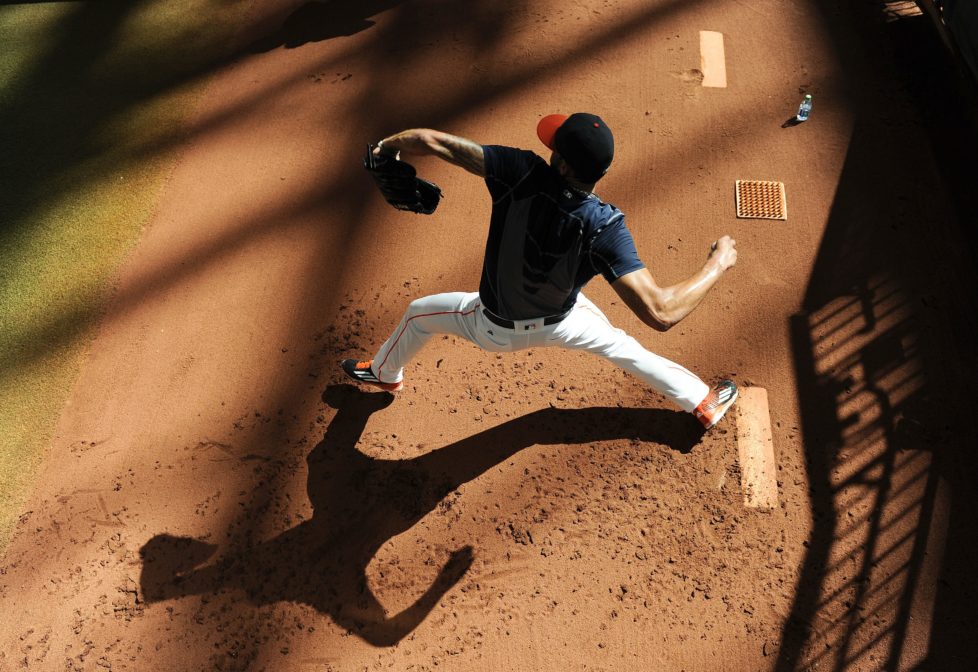 Houston Astros pitcher Joe Musgrove warms up in the bullpen before a baseball game against the Toronto Blue Jays, Monday, Aug. 1, 2016, in Houston. (AP Photo/Eric Christian Smith)