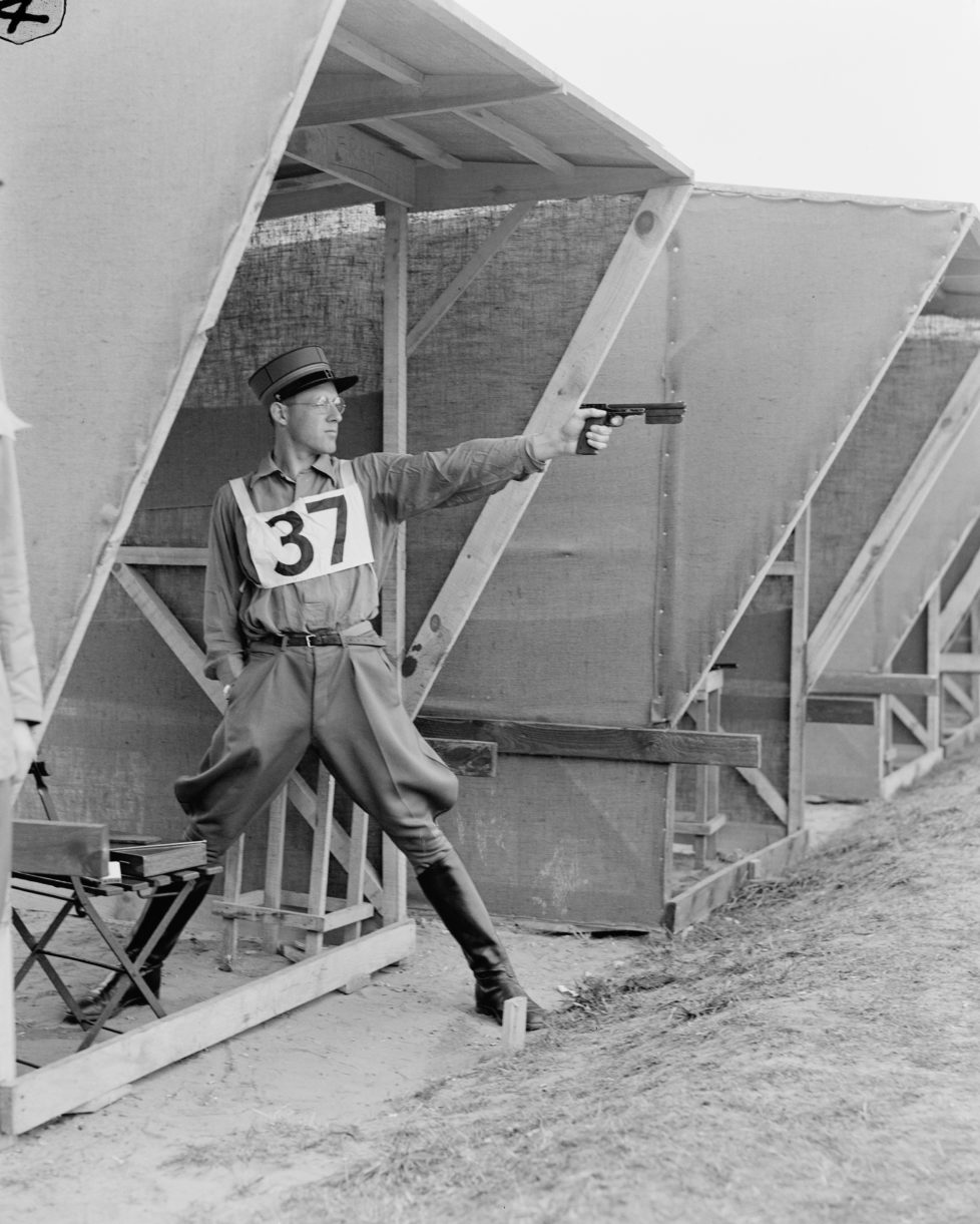Fritz Hegner of Switzerland on the shooting range at Bisley, Surrey, during the modern pentathlon event at the Olympic Games, 2nd August 1948. (Photo by Topical Press Agency/Hulton Archive/Getty Images)