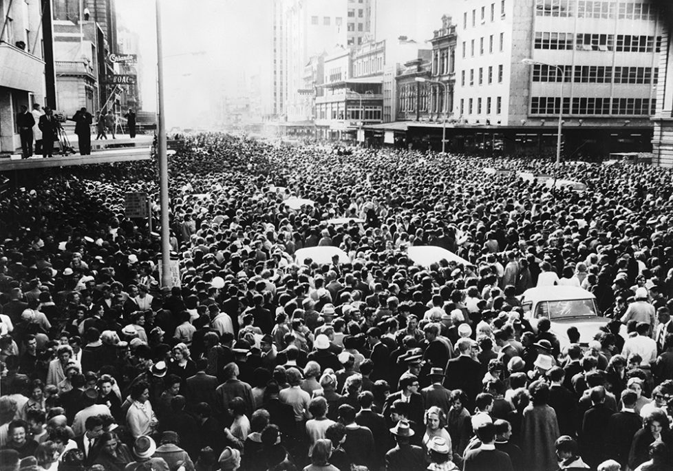 12th June 1964: A vast crowd gathers outside the Town Hall in King William Street, to welcome the Beatles to Adelaide. (Photo by Keystone/Getty Images)