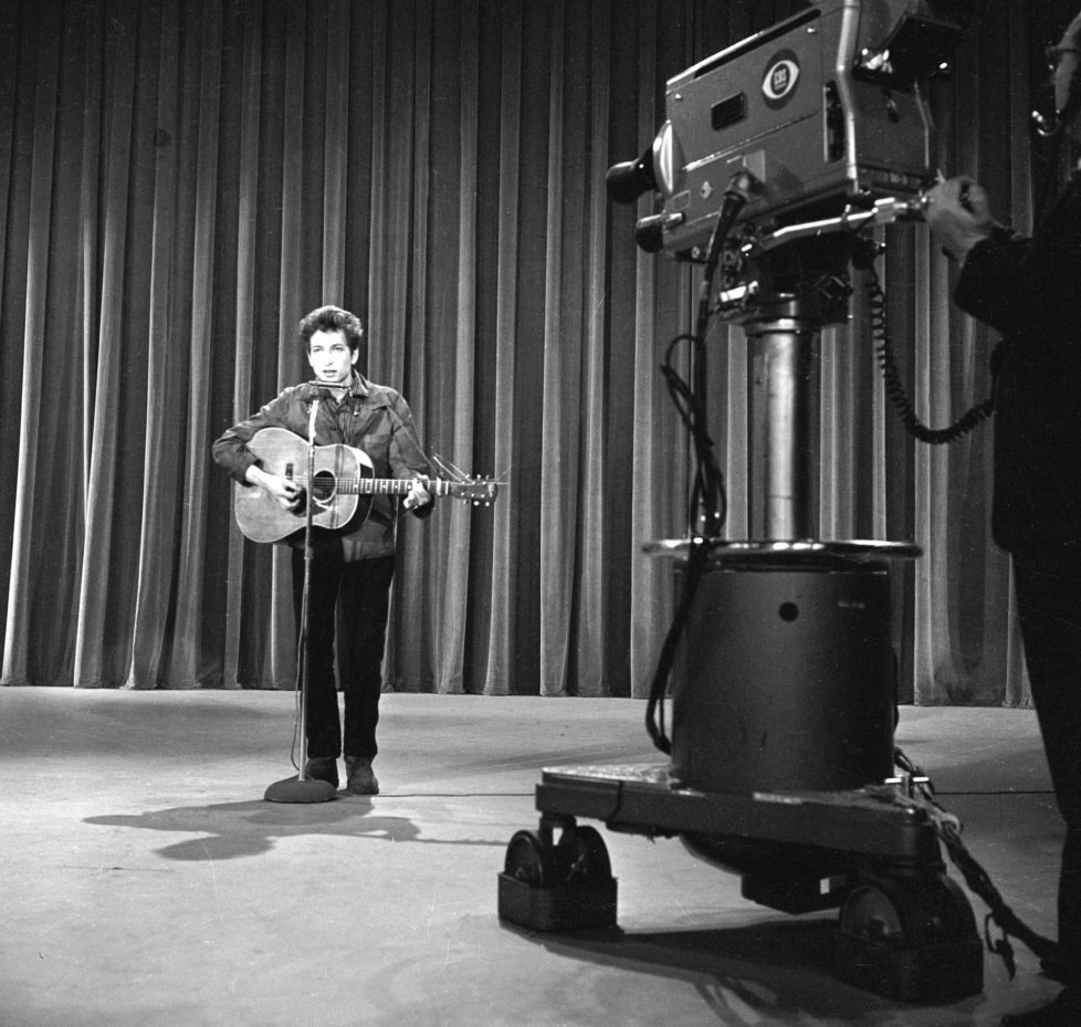 American musician Bob Dylan (born Robert Zimmerman) performs 'Talkin' John Birch Paranoid Blues' during rehearsals for an apperance on the Ed Sullivan Show, New York, New York, May 12, 1963. After the rehearsal, Dylan was asked to perform a different song for the broadcast, a request he refused; he walked out of the studio and never appeared on the broadcast. (Photo by CBS Photo Archive/Getty Images)