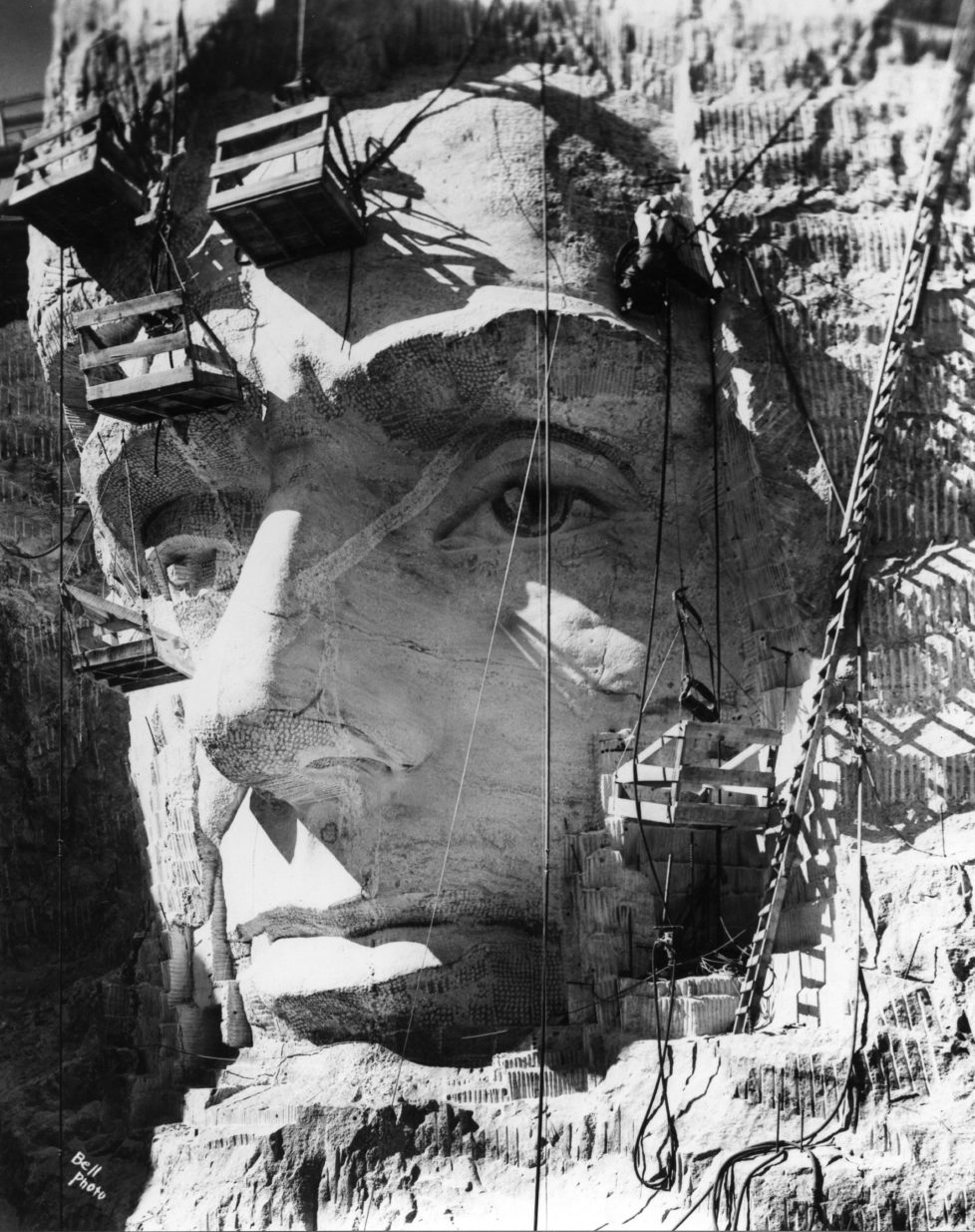 Close-up of Lincoln Head at Mount Rushmore under construction, South Dakota, September 16, 1937. (Photo by PhotoQuest/Getty Images)
