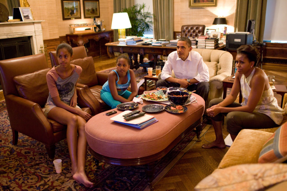 President Barack Obama and his daughters Sasha and Malia watch the World Cup soccer game between the U.S. and Japan, from the Treaty Room office in the residence of the White House, Sunday, July 17, 2011. (Official White House Photo by Pete Souza)