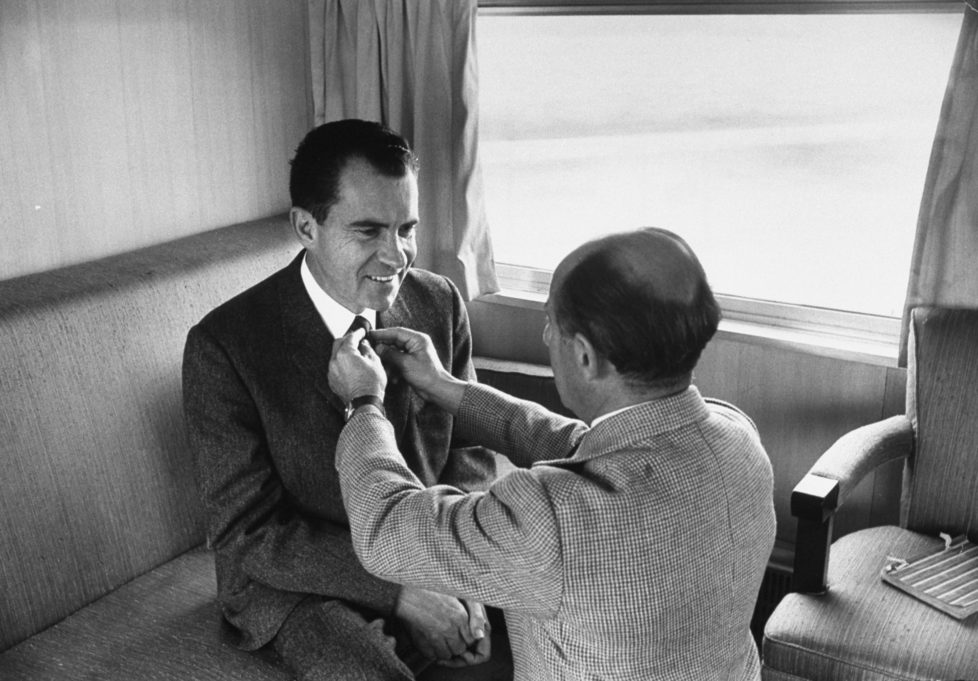 Life photographer Alfred Eisenstaedt adjusting Republican presidential candidate Richard Nixon's tie during his campaign. (Photo by Alfred Eisenstaedt/The LIFE Picture Collection/Getty Images)