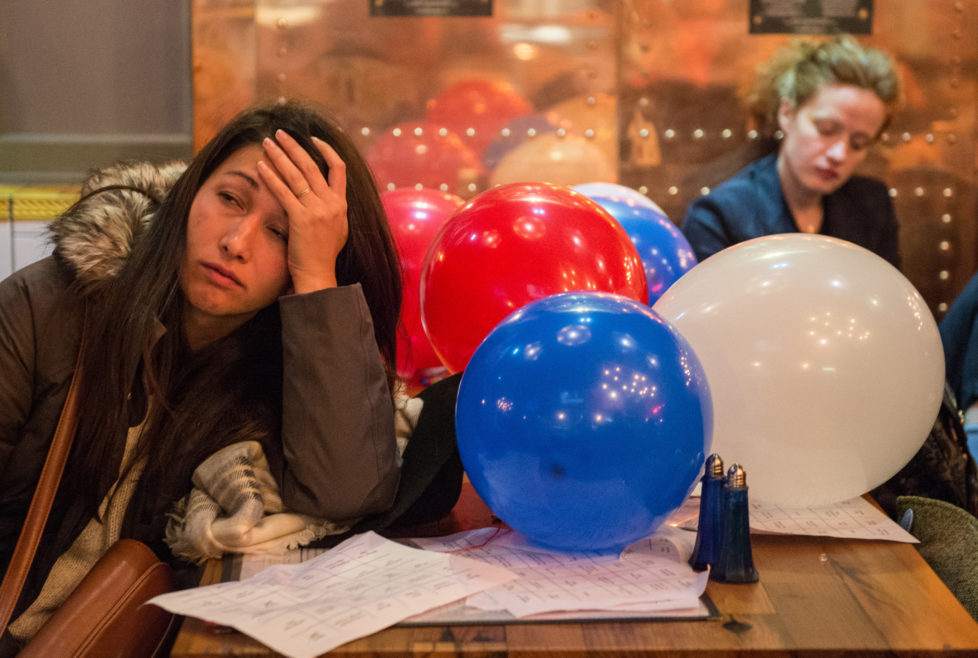 LONDON, ENGLAND - NOVEMBER 08: An American Democratic Party supporter reacts after Donald Trump wins the state of Florida at the Democrats Abroad election night party at Marylebone Sports Bar and Grill on November 8, 2016 in London, England. Americans have gone to the polls today, November 8, to elect the 45th President of the United States. Hillary Clinton represents the Democrats and, if successful, would be the first woman president in American history. Donald Trump represents the Republicans and his campaign has been dogged by bad publicity, despite this the polls show that either of the two contenders could win with the election too close to call. (Photo by Chris J Ratcliffe/Getty Images)