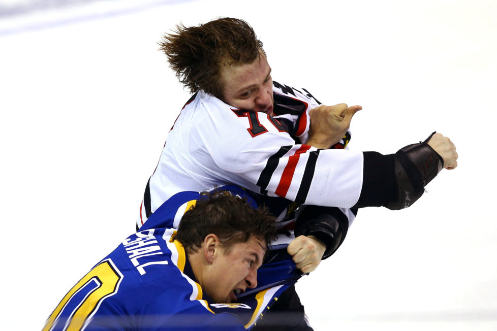 Nov 9, 2016; St. Louis, MO, USA; Chicago Blackhawks left wing Artemi Panarin (72) and St. Louis Blues right wing Scottie Upshall (10) brawl during the third period at Scottrade Center. The Blackhawks won 2-1 in overtime. Mandatory Credit: Billy Hurst-USA TODAY Sports TPX IMAGES OF THE DAY