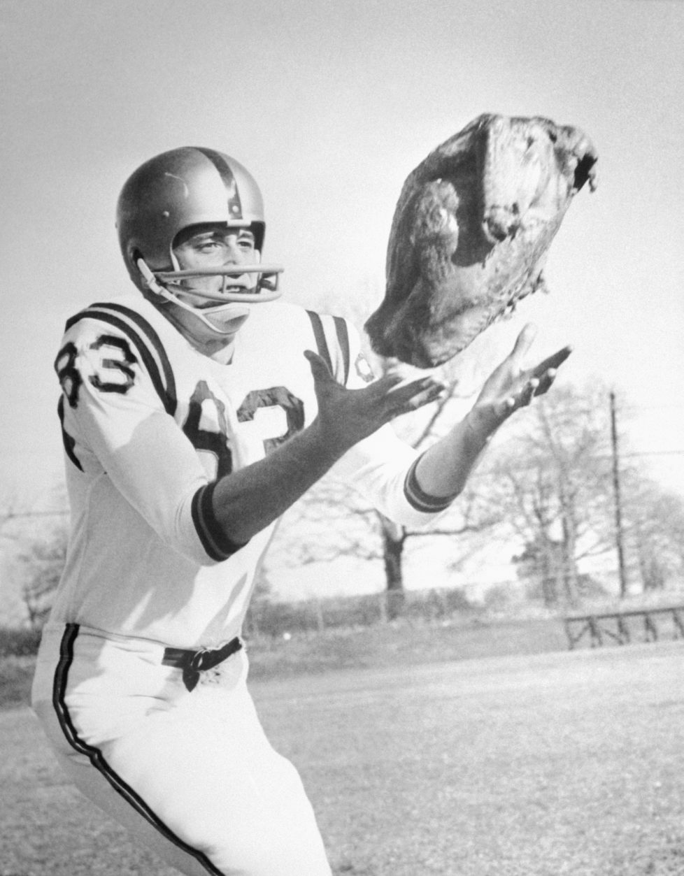 (Original Caption) Pass the Turkey. John Sweatlock, of Ramsey, New Jersey, a Valley Forge Military Academy end, reaches to grab a roasted turkey tossed to him in jest during football practice on the Wayne, Pa., campus. "Well, afterall," the passer said "a pigskin doesn't seem appropriate for Thanksgiving Day."
